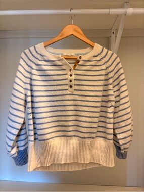 Striped Cream & Light Blue Henley Sweater - Women